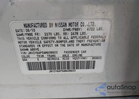 2010 Infiniti G37 Journey z USA, uszkodzony, nr VIN JN1CV6AP5AM408603